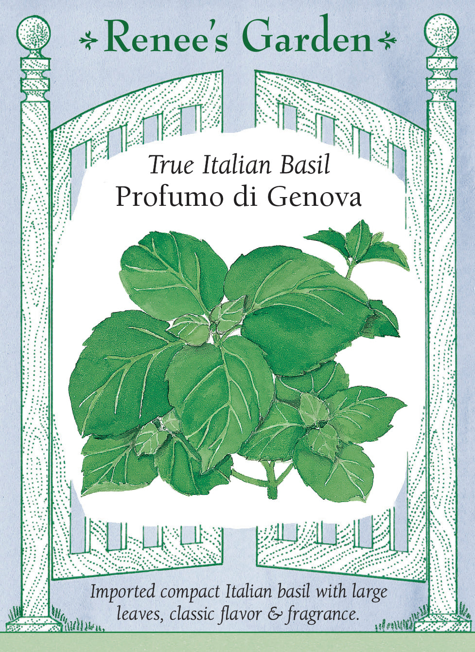 Seed packet for True Italian Basil Profumo di Genova. Imported compact Italian basil with large leaves, classic flavor and fragrance.