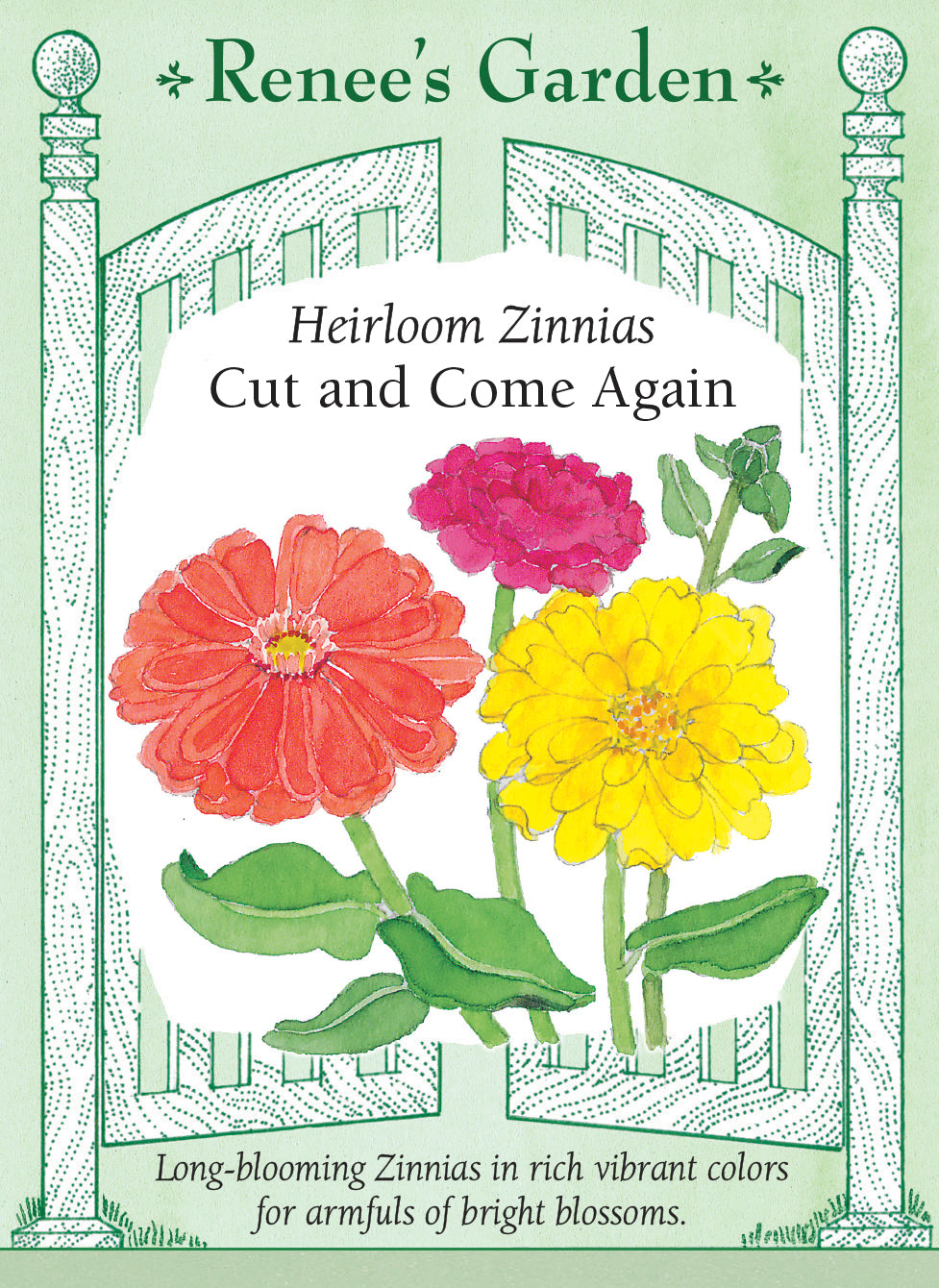 Seed packet with colorful zinnia flowers and 'Renee's Garden' branding on a light green background. Long-blooming Zinnias in rich vibrant colors for armfuls of bright blossoms.