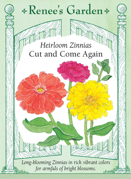 Seed packet with colorful zinnia flowers and 'Renee's Garden' branding on a light green background. Long-blooming Zinnias in rich vibrant colors for armfuls of bright blossoms.