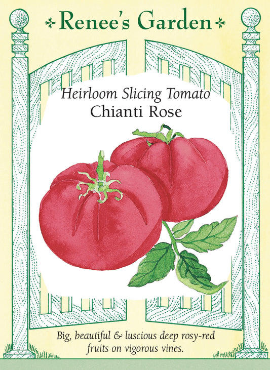 Seed packet for Heirloom Slicing Tomato Chianti Rose with illustration of tomatoes and text on a decorative border. Big, beautiful and luscious deep rosy-red fruits on vigorous vines.